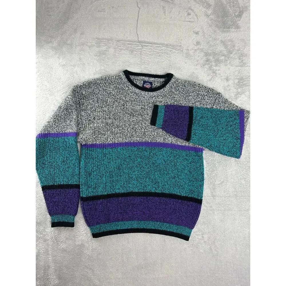 Vintage Brittania Purple Teal Colorblock Chunky Knit Sweater Men's Medium Retro